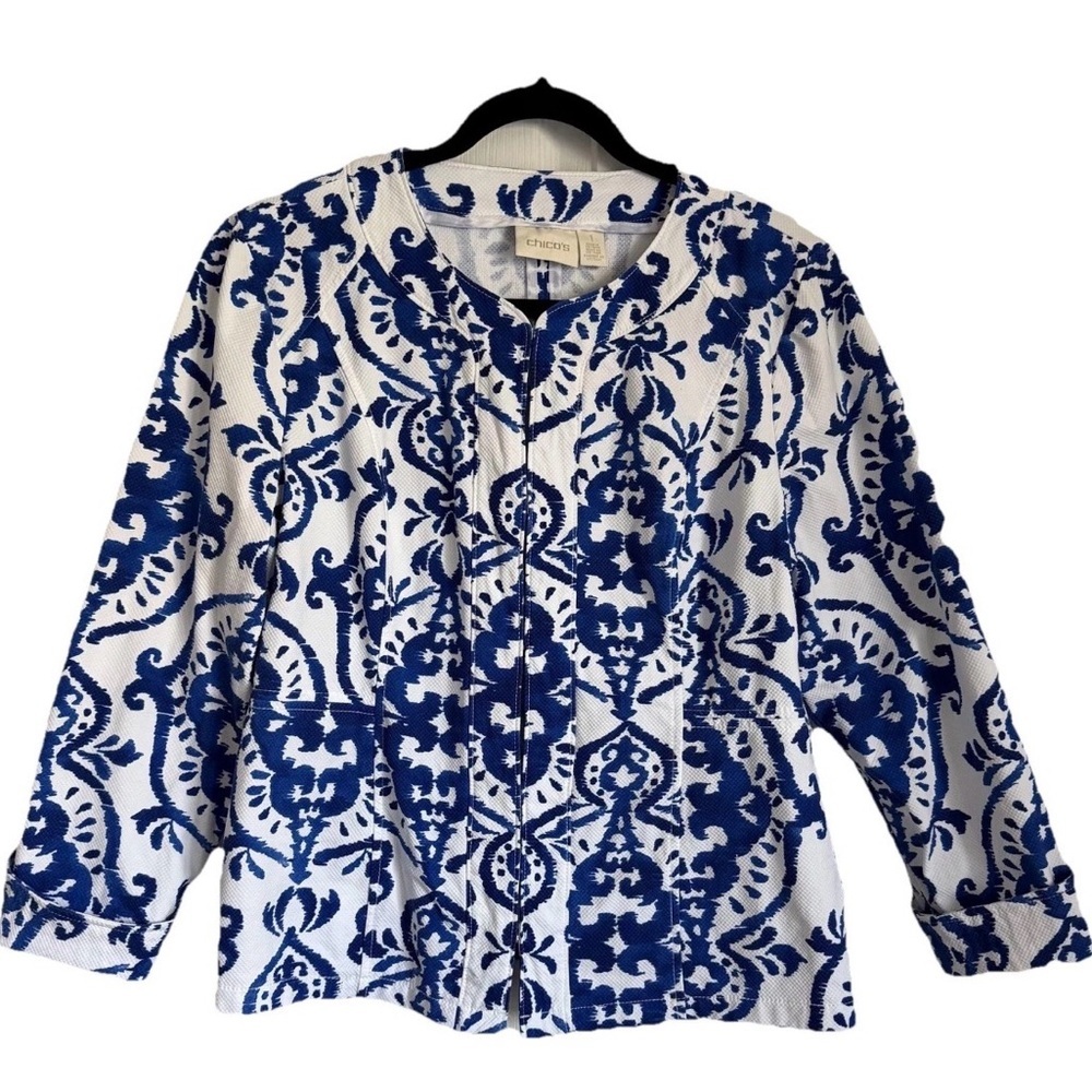 Chico's Jacket Womens 1 Floral Toggle Front Collarless Pockets Twill Boho Resort